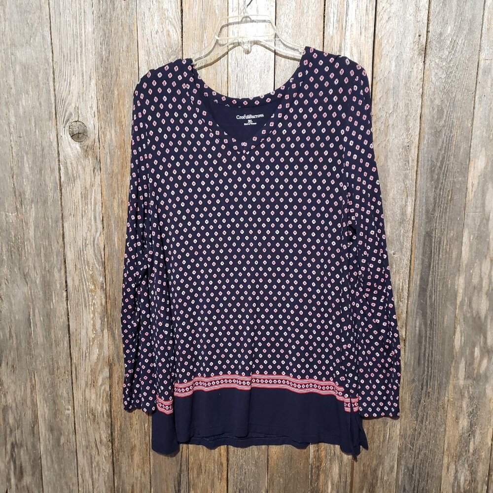 Croft Barrow XL Tunic Top Blouse Navy Blue Print Stretch Knit Womens Long Sleeve